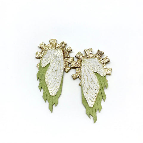 Leather Jewelry - Statement Earrings - Wings - Lime & Gold Sunburst