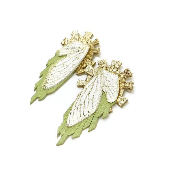 Leather Jewelry - Statement Earrings - Wings - Lime & Gold Sunburst